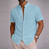 economico Classico-Per uomo Camicia Camicia di lino Camicia Estiva Abbigliamento da spiaggia Camicia con Bottoni Semplice Casuale Spiaggia Blu Nero Bianco Rosa Manica Corta Collo alla coreana Estate Primavera &amp; Estate