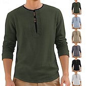 levne Ležérní tričko Henley-Pánské Tričko Tričko Henley Bavlněné plátěné tričko Dlouhý rukáv Henley Léto Jaro Barevné bloky Vinobraní Šik ven stylové Slátanina Barevné bloky Knoflíky Ležérní Denní Venkovní Bílá Černá Khaki Top