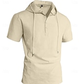 cheap Classic-Men's Shirt Linen Shirt Button Up Shirt Solid Color Casual Beach Black White Navy Blue Khaki Short Sleeve Hoodie Summer Spring Clothing Apparel Buttons