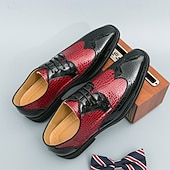 levne Brogue boty-Pánské červeno-černé oxfordské boty s krokodýlím vzorem, šněrovací lakované kožené společenské boty, módní společenská obuv na svatby, bankety, večírky, maturitní plesy, divadelní vystoupení a výrazné večerní nošení.