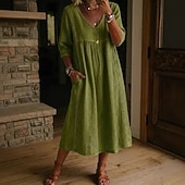 economico Abiti Falsi Essenziali-Abito Midi da Donna in 100% Cotone Abito a Finta Lino Abito all Aline Abito Estivo Vacanza Festa Casual Giornaliero Ufficio Spiaggia Vestibilità Larga Semplice Maniche Corte Collo a V Blu Chiaro Nero