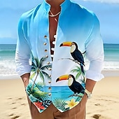 levne Ptáci a zvířata-Pánské Kokosový strom Tropické květiny Tukani Havajské košile Aloha košile Košile s límečkem Dlouhý rukáv Havajské Plážová dovolená Léto Jaro Stojáčkový límec Kulatý límeček 3D tisk Len jako košile