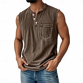 Χαμηλού Κόστους Αμάνικα Μπλουζάκια Γυμναστικής-Ανδρικό vintage γιλέκο 100% βαμβάκι, αμάνικο πουκάμισο Henley, καλοκαιρινό, φθινόπωρο, απλό, σχεδιαστής μόδας, κλασικό, διακοπές, δρόμος, μαύρο, ροζ, μπλε, μπλουζάκι για άνδρες