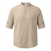 economico Classico-Per uomo Camicia Camicia di lino Camicia Estiva Abbigliamento da spiaggia Camicia con colletto alla coreana Camicia con Bottoni Semplice Casuale Vacanza Blu Nero Bianco Cachi Manica Lunga Colletto a