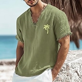 preiswerte Camisetas tropicales de vacaciones-Herren-T-Shirt mit kleinem Palmenprint aus Leinen-Baumwoll-Mischgewebe, V-Ausschnitt, offene Kanten, altrosa, sommerliches Strandurlaubs-Shirt mit Fransen, weiches Designer-Top, Größen S-3XL