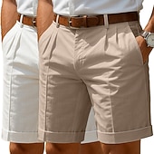 billiga Klassisk-Herr Shorts Linne Shorts Klänning Shorts Sommarshorts Beach Shorts Ficka Elastisk midja Rakt ben Slät Komfort Andningsfunktion Knelängd Ledigt Dagligen Helgdag Mode Affär Vit + Grön Vit + khaki