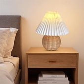 cheap Room Decor Lights-Rattan Wicker Lampshade, Small Table Lampshade, Mini Bedside Lamp For Bedroom, Living Room, Scalloped Lampshade, Side Table, Vintage Aesthetic Pleated Lampshade