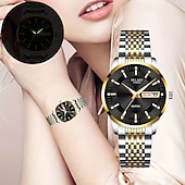 voordelige Quartz-horloges-Luxe dameshorloge, tweekleurige goud-zilveren roestvrijstalen band, lichtgevende wijzers met datum- en dagweergave, elegante zwarte wijzerplaat met diamanten accenten, een stijlvol polshorloge voor