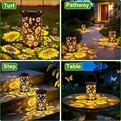 abordables Luces de camino y linternas-Farol solar exterior impermeable colgante, diseño retro hueco con proyección de mariposa, decoración LED para jardín, patio, regalo para mujeres, mamá y abuela.