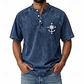 abordables Винтаж и ретро-SoftFade™ Men's Demin Shirt 100% Cotton Acid Wash Shirt Henley Top Short Sleeve Vintage Distressed Casual Home Street Summer Spring Black Pink Light Green Gray Light Blue Stand Collar Henley