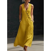  abito lungo da donna in cotone e lino, prendisole, abito a trapezio, abito svasato, vacanza, casual, boho, quotidiano, spiaggia, festa, vestibilità ampia, tinta unita, senza maniche, scollo a V, nero,