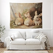 cheap Wall Tapestries-Easter Cute Bunnies Playing Violin Spring Garden Colorful Eggs Basket Flowers Oil Painting Style Wall Tapestry Wall Hanging Living Room Kids Bedroom Home Decor Party Backdrop