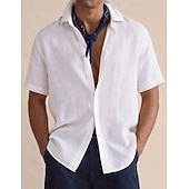 cheap Classic-Men's Shirt Linen Shirt Button Up Shirt Solid Color Vacation Street Black White Yellow Light Green Short Sleeve Shirt Collar Summer Spring Clothing Apparel Buttons