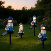 abordables Luces de camino y linternas-2 luces solares de jardín para exteriores, ideales para patios de villas, paisajes, con diseño de faro de resina, impermeables, para césped, jardines, senderos, camping y decoración de fiestas.
