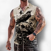 Herren Schädel Krähe Raven Hemd Knopfhemd Ärmelloses Shirt Ärmellos Dunkler Gothic-Stil Outdoor Lässig Sommer Frühling Umlegekragen 3D-Druck Zwei Fronttaschen Blau Weiß Purpur Khaki