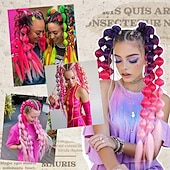 economico Capelli all'uncinetto-2 pezzi di extension per coda di cavallo sintetiche colorate a forma di bolla, extension per capelli intrecciati leggeri da 24 pollici, accessori per festival rave per ragazze, giornata dei capelli