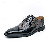 levne Brogue boty-Pánské červeno-černé oxfordské boty s krokodýlím vzorem, šněrovací lakované kožené společenské boty, módní společenská obuv na svatby, bankety, večírky, maturitní plesy, divadelní vystoupení a výrazné večerní nošení.