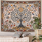 billige Veggoppheng-Livets tre folkekunst veggteppe bohemsk etnisk fugler og blomster natur landskap svart bakgrunn åndelig hjemdekor stue soverom bakgrunn innendørs veggmaleri