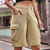 abordables Pantalones cortos bermudas-Mujer Bermudas Pantalón Corto Cargo Chinos Vacaciones Ropa de calle Casual Longitud de la rodilla Media cintura Color sólido Bolsillo Confortable Rígido Diario Exterior Vacaciones Azul Piscina Ocre
