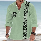 baratos Padrão étnico-Homens polinésio Étnico Totem do Sol Camisa Social camisa de botão Camisa Henley Manga Longa Vintage retrô Tribal Casual Férias Verão Primavera Colarinho Mandarim Colarinho Clerical Impressão 3D