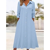 abordables Robe Simple-Femmes Robe Midi Robe Chemise Robe Décontractée Robe trapèze Robe en faux lin Mode Basique Moderne Quotidien Vacances Sortir Coupe régulière Uni manche longue Col de chemise Bleu Noir Vin Orange