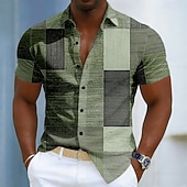 economico Geometrica-Per uomo Geometrico Blocco di colori Patchwork Camicia Camicia con Bottoni Manica Corta Moda Casual Quotidiano All'aperto Vacanza Estate Primavera Collo ripiegato Stampa 3D Camicia tipo lino Blu
