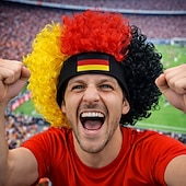 ieftine Peruci de carnaval-Perucă afro germană, neagră, roșie, galbenă, pentru evenimente sportive