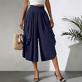 cheap Wide Leg &amp; High Waisted-Women's Trousers Capri Pants Casual Pants Summer Pants Elegant Fashion Casual Daily Calf-Length High Waist Solid Color Plain Layered Wide Leg Elastic Waistband Comfort Lightweight Soft Inelastic
