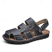 abordables Sandalias casuales-Sandalias de cuero negras con correa ajustable para hombre: transpirables, ligeras, cómodas para exteriores y uso informal de verano.