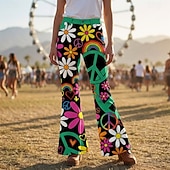 voordelige Bodems-Retro vintage Boho Jaren '70 Broeken Bell Bottom broek Hippie Schijf Hoge taille Bloemig Vredessymbolen Kostuum Dames Halloween Carnaval muziekfestival Retro themafeest Volwassenen Broeken