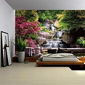 abordables Tapices de pared-Tapiz de pared 3D realista con paisaje natural, cascada y lago azul, bosque de ensueño, montaña y flores. Tapiz colgante para sala de estar, dormitorio, residencia estudiantil, hogar y oficina.