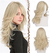 お買い得  トレンドの合成ウィッグ-女性用、ダーティブロンドのウェーブのかかったレイヤードウィッグ、カーテンバング付き、長さ22インチの合成繊維製、自然な見た目のセンターパートウィッグ、コスチュームパーティーや普段使いに最適