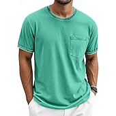 billige grunnleggende t-skjorter-Herre T skjorte 100% bomullssyre-vaskeskjorte Kortermet Crew-hals Sommer Vår Alle årstider Helfarge Enkel Elegant Årgang Nøytral Lomme Plaggfarget Nedtrykt Avslappet Hjem utendørs Lyseblå Svart Brun