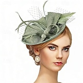 baratos Fascinadores-Fascinadores Linho Casamento Aniversário Vintage Estilo bonito Retro Com Penas Capacete Chapéu