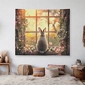 cheap Wall Tapestries-Easter Cute Bunnies Playing Violin Spring Garden Colorful Eggs Basket Flowers Oil Painting Style Wall Tapestry Wall Hanging Living Room Kids Bedroom Home Decor Party Backdrop