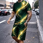 abordables Conjuntos de camisetas estampadas para hombre-Hombre Geométrico 2 piezas Conjuntos de camisetas Tops de verano Manga Corta Pantalones cortos Cuello Barco Casual / Diario Vacaciones Deporte Noche Impresión 3D Verano Azul Piscina Rojo Dorado