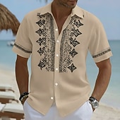 baratos Padrão étnico-Men's Geometric Pattern Ethnic Shirt Button Up Shirt Short Sleeve Vintage Retro Daily Outdoor Vacation Summer Spring Turndown 3D Print Linen Like Shirt Blue Yellow Sky Blue Purple Khaki