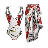 cheap One-piece swimsuits-Women's Swimwear One Piece Tankini Monokini Skirt Swimsuit Tummy Control High Waist Slim Backless Elegant Vacation Floral V Neck Sleeveless Bathing Suits