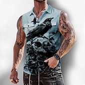  Herren Schädel Krähe Raven Hemd Knopfhemd Ärmelloses Shirt Ärmellos Dunkler Gothic-Stil Outdoor Lässig Sommer Frühling Umlegekragen 3D-Druck Zwei Fronttaschen Blau Weiß Purpur Khaki