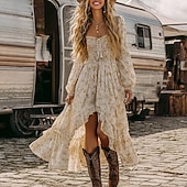 voordelige Jurken-Bohémien Retro vintage Boho Jurken Lange Mouwen Hippie Schijf Bloemig Bohémien Kostuum Dames Maskerade muziekfestival Retro themafeest Volwassenen Kleding