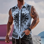 preiswerte Vintage Hemd-Herren Barock- Schnörkelwerk Komplizierte Blumen Hemd Knopfhemd Ärmelloses Shirt Ärmellos Gothic Style Vintage-Retro Outdoor Lässig Sommer Frühling Umlegekragen 3D-Druck Zwei Fronttaschen Blau Wei
