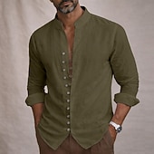 cheap Classic-Men's Shirt Linen Shirt Summer Shirt Casual Shirt Button Up Shirt Plain Casual Daily Blue Black White Pink Long Sleeve Stand Collar Summer Spring Clothing Apparel Button Front