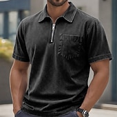 abordables Polo classique pour homme-Homme Polo Chemise 100% coton délavée à l'acide Occasionnel Tenue quotidienne Zip quart Manche Courte ancien Basique Uni Avec Poches Affligé Été Coupe régulière Vert Armée Noir Rose Claire bleu
