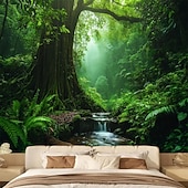 cheap Wall Tapestries-Tropical Jungle Ancient Forest Wall Tapestry Sunbeams Mossy Trees Stream Nature Landscape Wall Hanging Home Decor Living Room Bedroom Office Backdrop Art Mural