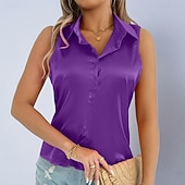 cheap Plain Blouses-Women's Shirt Satin Blouse Dress Shirt Button Up Shirt Solid Color Plain Elegant Fashion Casual Sleeveless Turndown Regular Tops Daily Office Work Black White Yellow Red Purple Summer Spring Fall