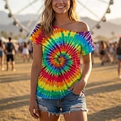 preiswerte Oberteile-Retro Vintage 1980er T-Shirt Ein-Schulter Kurze Ärmel Hippie Disco Tie Dye Print Kostüm Damen Halloween Karneval Musikfestival Retro-Mottoparty Erwachsene T-shirt