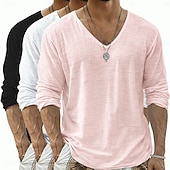 economico T-shirt in Cotone e Lino-Per uomo Maglietta Maglietta in lino Manica Lunga Scollo a V Primavera &amp; Estate Estate Primavera Tinta unica Semplice Quotidiano Casual Stile da Strada 3 pezzi Puro Confezione multipla Casuale