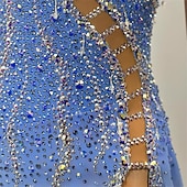 cheap Figure Skating Dresses-Figure Skating Dress Girls' Ice Skating Dress Blue Patchwork Asymmetric Hem Stretchy Training Competition Skating Wear Classic Crystal / Rhinestone Sleeveless Ice Skating Figure Skating
