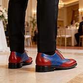 voordelige Klassieke Dress Schoenen-Geklede herenschoenen met vleugelneus van echt leer – premium rundleer, tweekleurig rood en blauw, elegante oxfordstijl, comfortabele formele schoenen voor heren, perfect voor bruiloften, feesten en kantoor.