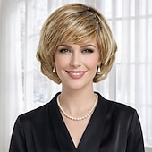 baratos peruca mais velha-Peruca bob curta e elegante para mulheres - loiro prateado com camadas suaves